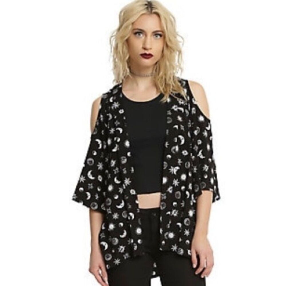 Hot Topic Celestial Print Cold Shoulder Kimono Black Sz L